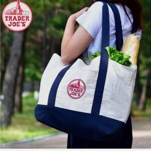 Trader Joe's New Large Tote Bag in Navy Canvas Books Beach Everyday Limited